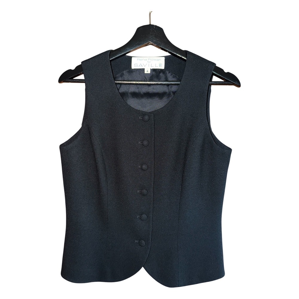 VTG Rena Rowan for Saville Black 100% Worsted Wool Button Front Vest 90s Size 4